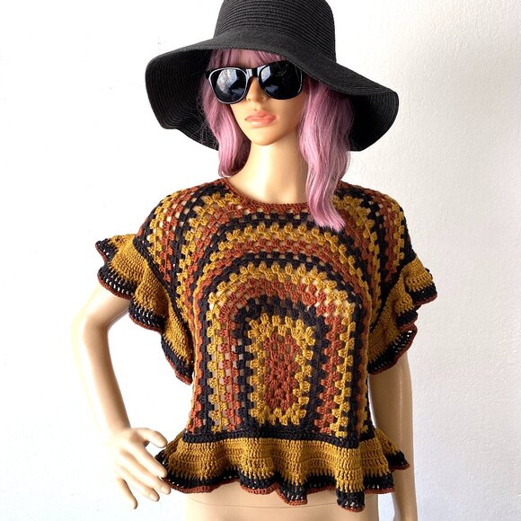 Crochet Knit Top Boho Chic Ruffled Crop Sweater Groovy Hippie Bohemian ZARA M - Picture 2 of 5